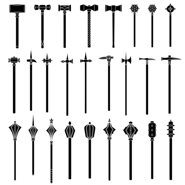 Set of simple monochrome images of medieval war hammers and maces. — Stock Vector