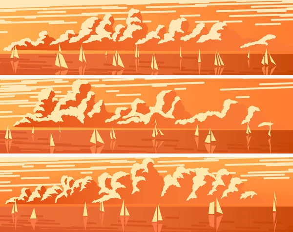 日落时有帆船和积云的水平横幅. — 图库矢量图片