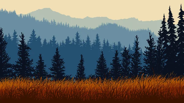 Ilustración horizontal del prado herboso con bosque de coníferas — Vector de stock