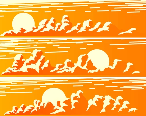 Banderas horizontales de cielo anaranjado con nubes cúmulos al atardecer . — Vector de stock