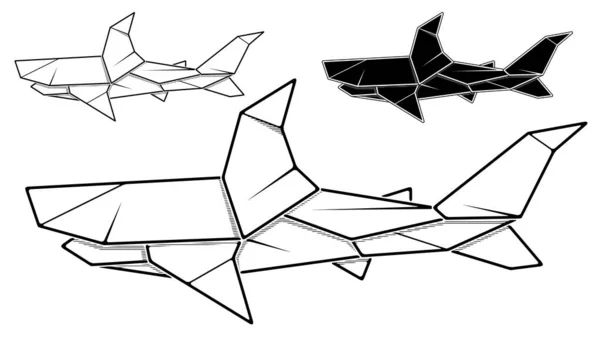 Image Vectorielle Monochrome Origami Requin Papier Dessin Contour Par Ligne — Image vectorielle