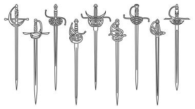 Dekoratif kabzaları sanat çizgisi biçiminde çizilmiş epee ve rapier 'ların basit vektör resimlerinin kümesi.