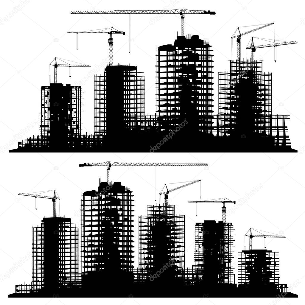 Set of silhouettes illustration of a construction site with cranes and skyscrapers.