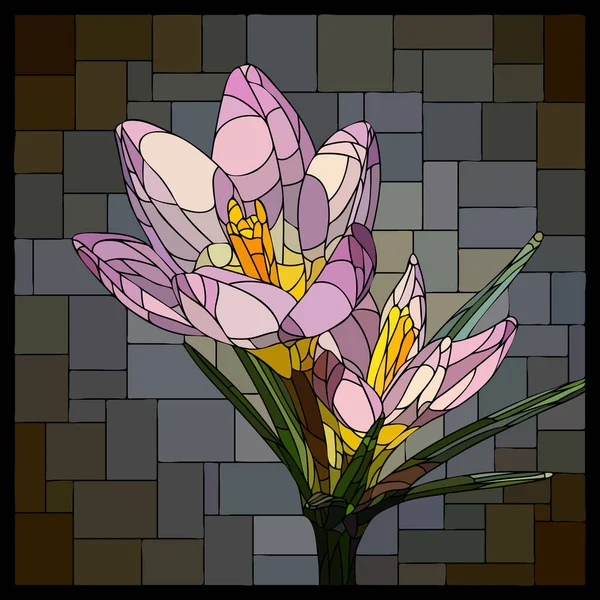 Vector Square Mosaic Blooming Purple Crocuses Flower Stained Glass Window — Stock Vector