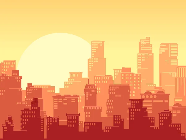 Горизонтальная Иллюстрация Стилизованного Мультипликационного Большого Города Центром Города Небоскребами Закате — стоковый вектор