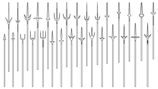 Set of simple vector images of medieval spears and tridents drawn in art line style.