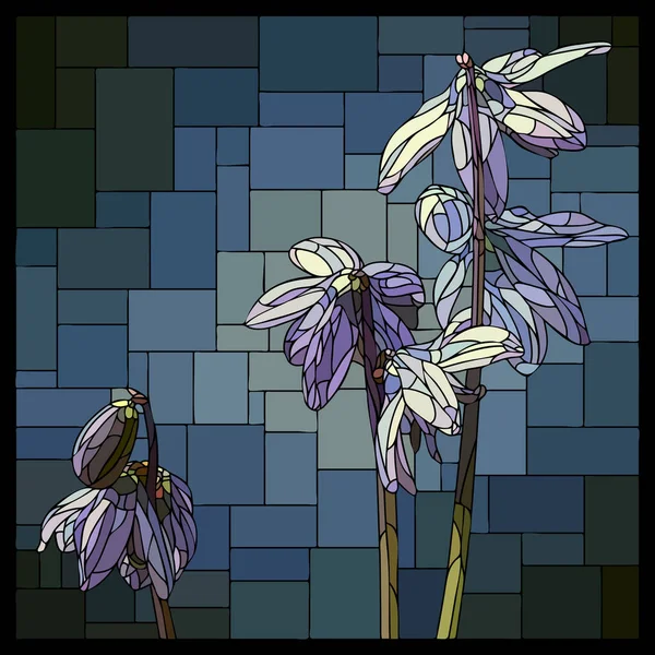 彩色玻璃窗中的矢形正方形花叶花序 开着蓝色基诺多沙花 — 图库矢量图片