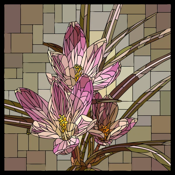 Vetor Mosaico Quadrado Com Flor Crocos Rosa Florescendo Janela Vidro —  Vetores de Stock