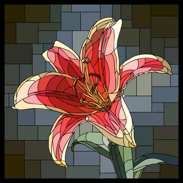 Vitray Penceresinde Çiçek Açan Kırmızı Zambak Çiçekli Vektör Kare Mozaiği — Stok Vektör
