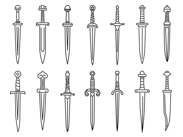 アートラインスタイルで描かれた中世の短剣や汚れのシンプルなベクトル画像のセット — ストックベクタ