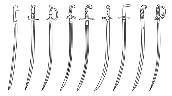 アートラインスタイルで描かれた装飾的なヒルトとセイバー剣のシンプルなベクトル画像のセット — ストックベクタ