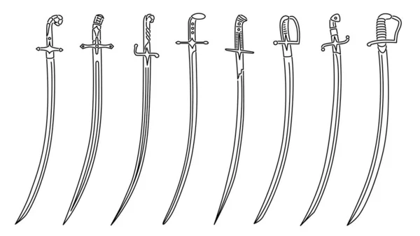 Conjunto Imágenes Vectoriales Simples Espadas Caballería Con Empuñaduras Decorativas Dibujadas — Archivo Imágenes Vectoriales