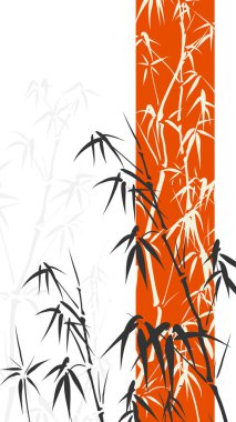 Bambu siluetleri ve dekoratif kırmızı çizgili Asya tarzında dikey soyut kart (metin için boşluk)).
