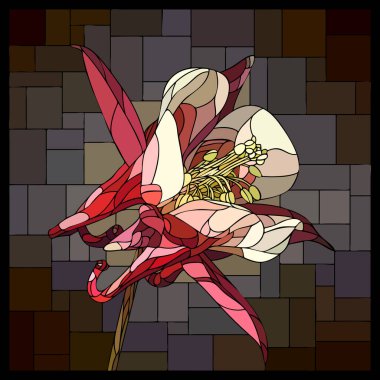 Vitray penceresinde çiçek açan pembe çiçekli vektör kare mozaiği.