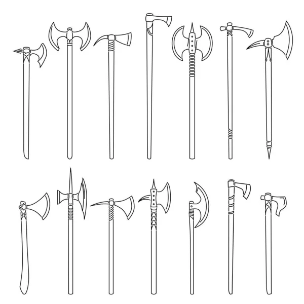 Set Simple Vector Images Medieval Axes Hatchets Drawn Art Line — Stock Vector