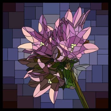 Vitraylı penceresinde çiçek açan mor camgöbeği olan vektör kare mozaiği.