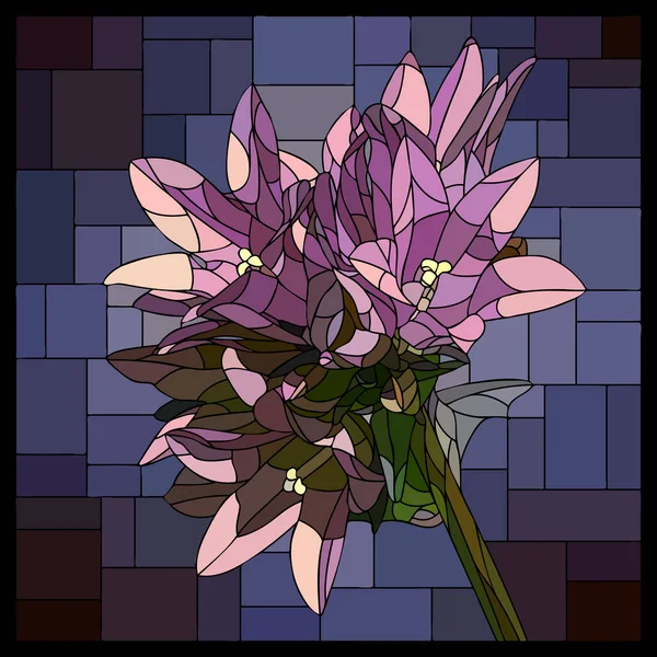 彩色玻璃窗中的矢量正方形马赛克 开着紫色的兰花 — 图库矢量图片