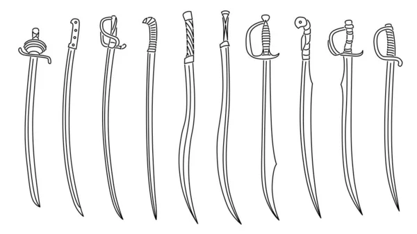 Set Van Eenvoudige Vectorbeelden Van Sabels Cutlasses Getekend Art Line — Stockvector