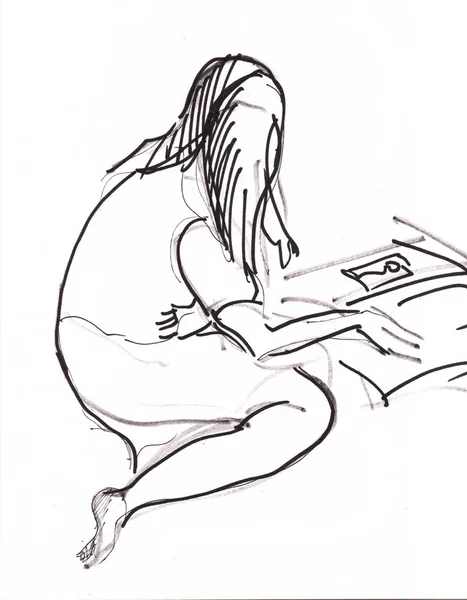 Croquis Instantané Fille Recherche Livre Intéressant — Photo