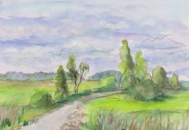 Güneşli yaz gün, kırsal yol Ito orman