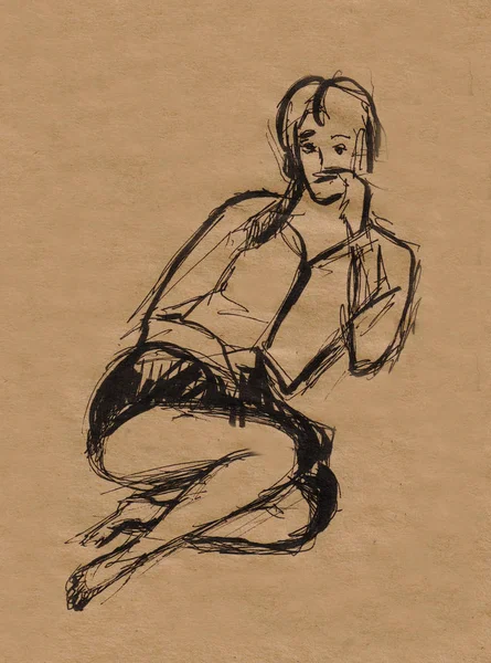 Inatant Sketch Menina Sentada Chão — Fotografia de Stock