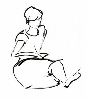 anlık kroki, siyah ve beyaz katta oturan kız