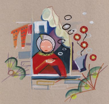 Kandinsky'nın nedenleri üzerinde kadın balkonda sigara içiyor