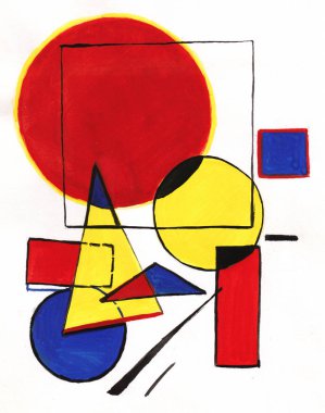 Soyut resim, çok renkli geometrik figürler, yüzükler, üçgenler, kareler, çizgiler, daireler, dikdörtgenler