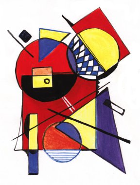Soyut resim, çok renkli geometrik figürler, yüzükler, üçgenler, kareler, çizgiler, daireler, dikdörtgenler
