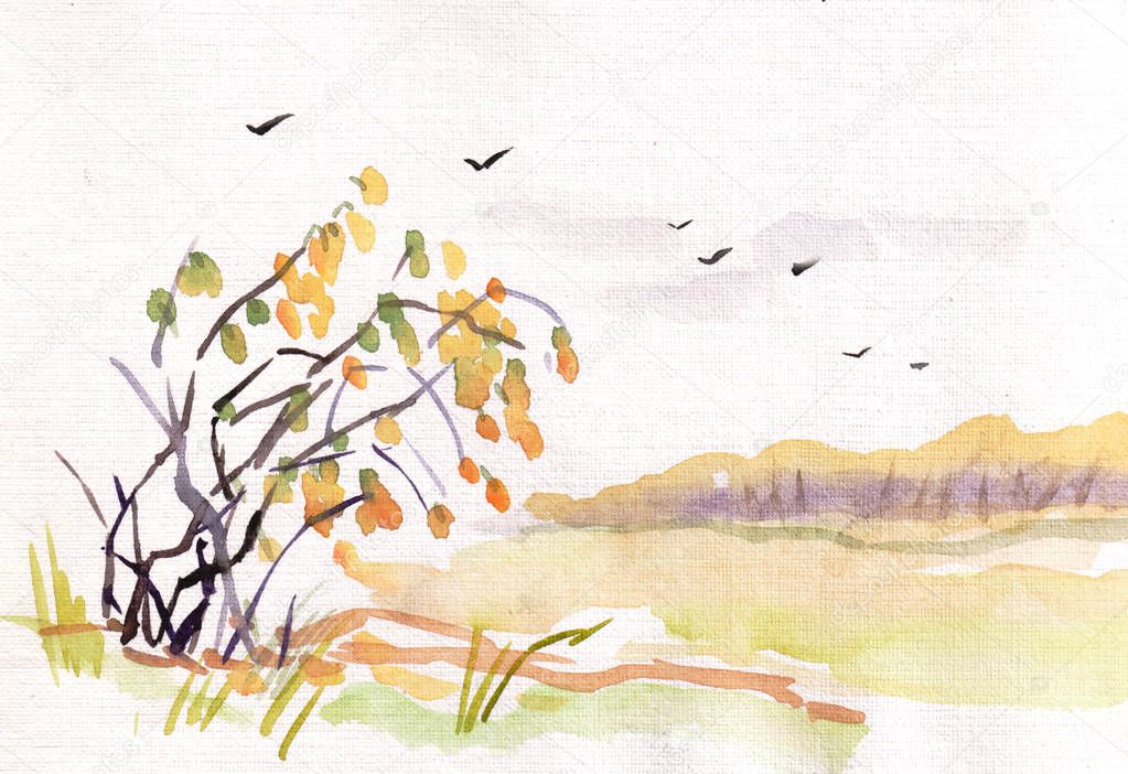 Watercolor autumn landscape with yellow bush and wood in distance