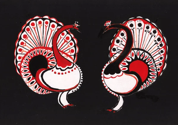 Zwei Dekorative Pfauen Schwarz Rot Und Weiß — Stockfoto
