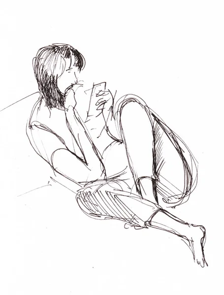 Instant Sketch Girl Playing Smartphone — Stock Photo, Image