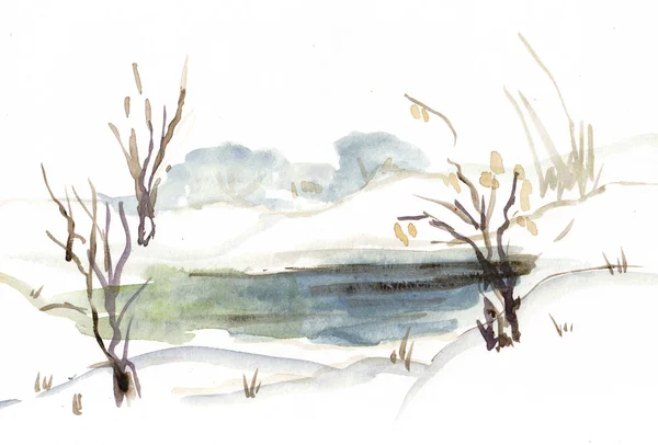 Glade で凍った川で冬の水彩風景 — ストック写真