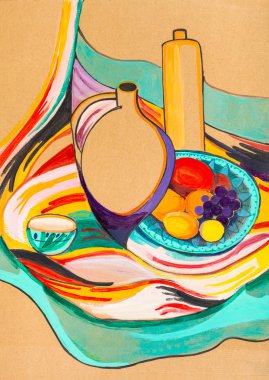 oriental still-life with ceramic jug on motley cloth clipart