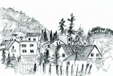 Anında skeç, dağlarda kasaba