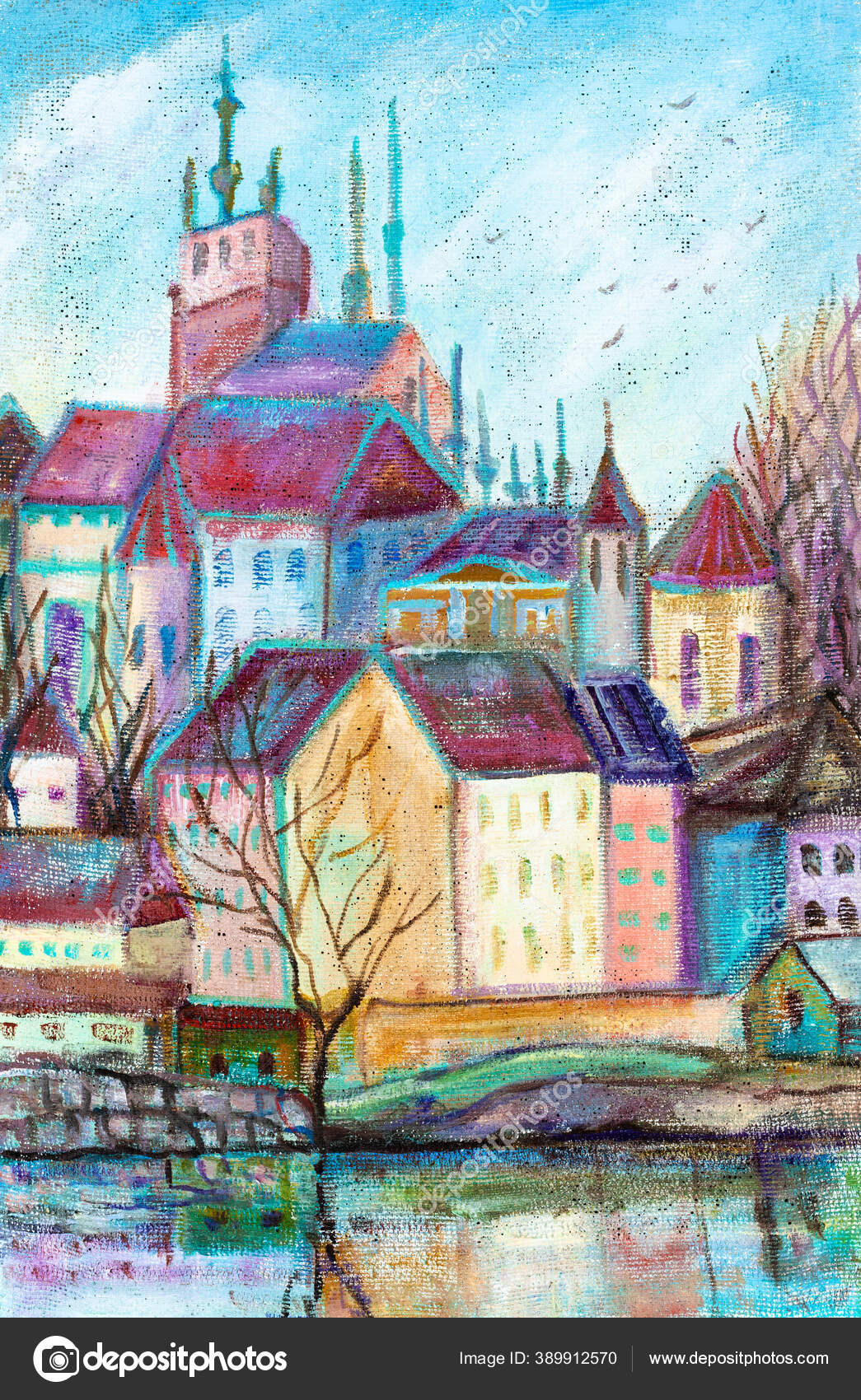 水彩画 チェコスロバキアのプラハ城の風景画 - 絵画