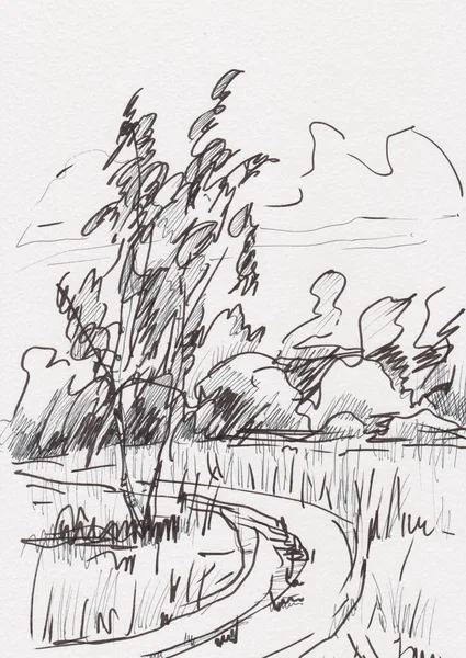 Black White Summer Rural Landscape Instant Sketch — Stock Photo, Image