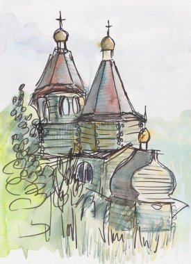 Kırsal chuch ağaçları, kalemi ve suluboyayı kuşattı