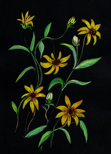 Çiçek tarhında çiçek açan şalgam, siyah kağıtta desen