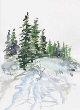 Suluboya resim, kozalaklı ağaç, soğuk akarsuyun yanında.