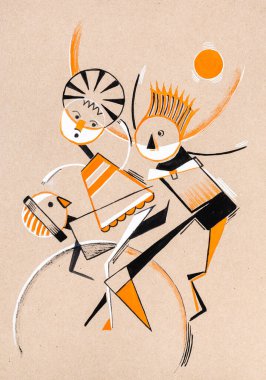 Renkli kağıda çizilmiş geometrik soyut resim, trambolinde çocuklar