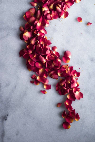 Pétales Rose Sur Marbre Flatlay Mariage Vacances Fond Floral Concept — Photo