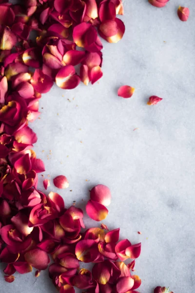 Pétales Rose Sur Marbre Flatlay Mariage Vacances Fond Floral Concept — Photo