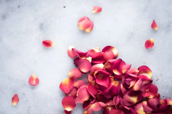 Mermer Flatlay Düğün Tatil Çiçek Arka Plan Üzerinde Gül Yaprakları — Stok fotoğraf
