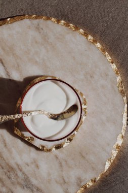 süt ve rustik çiftlik yiyecek konsepti - taze kremsi beyaz yoğurt, zarif görsel tarz