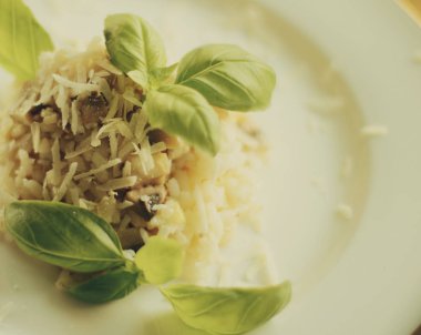 Avrupa ve Akdeniz yemekleri kavramı - mantarlı risotto tarifi, zarif görsel tarz