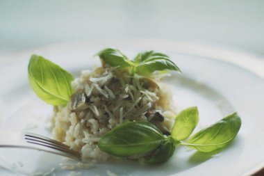 Avrupa ve Akdeniz yemekleri kavramı - mantarlı risotto tarifi, zarif görsel tarz