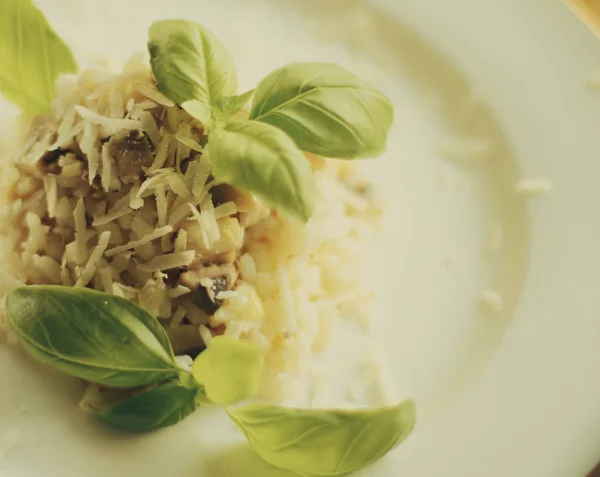 Avrupa Akdeniz Yemekleri Kavramı Mantarlı Risotto Tarifi Zarif Görsel Tarz — Stok fotoğraf