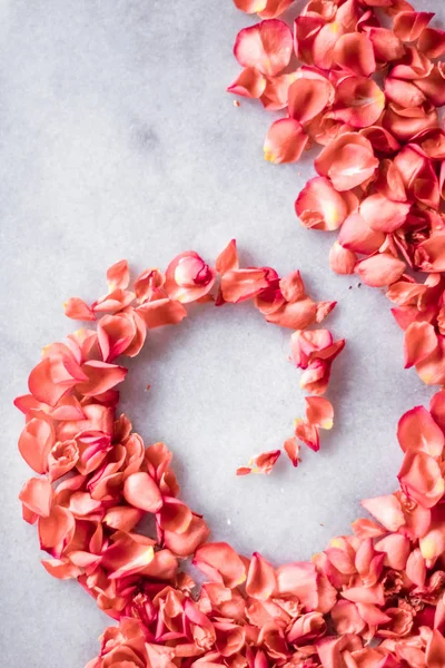 Pétales Rose Corail Sur Marbre Couleur Année Milieux Floraux Vacances — Photo