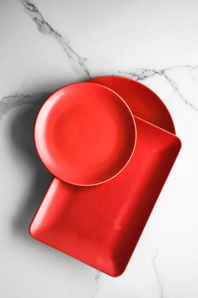 Empty Red Plate Marble Recipe Restaurant Mockup Flatlay Styled Concept — Φωτογραφία Αρχείου